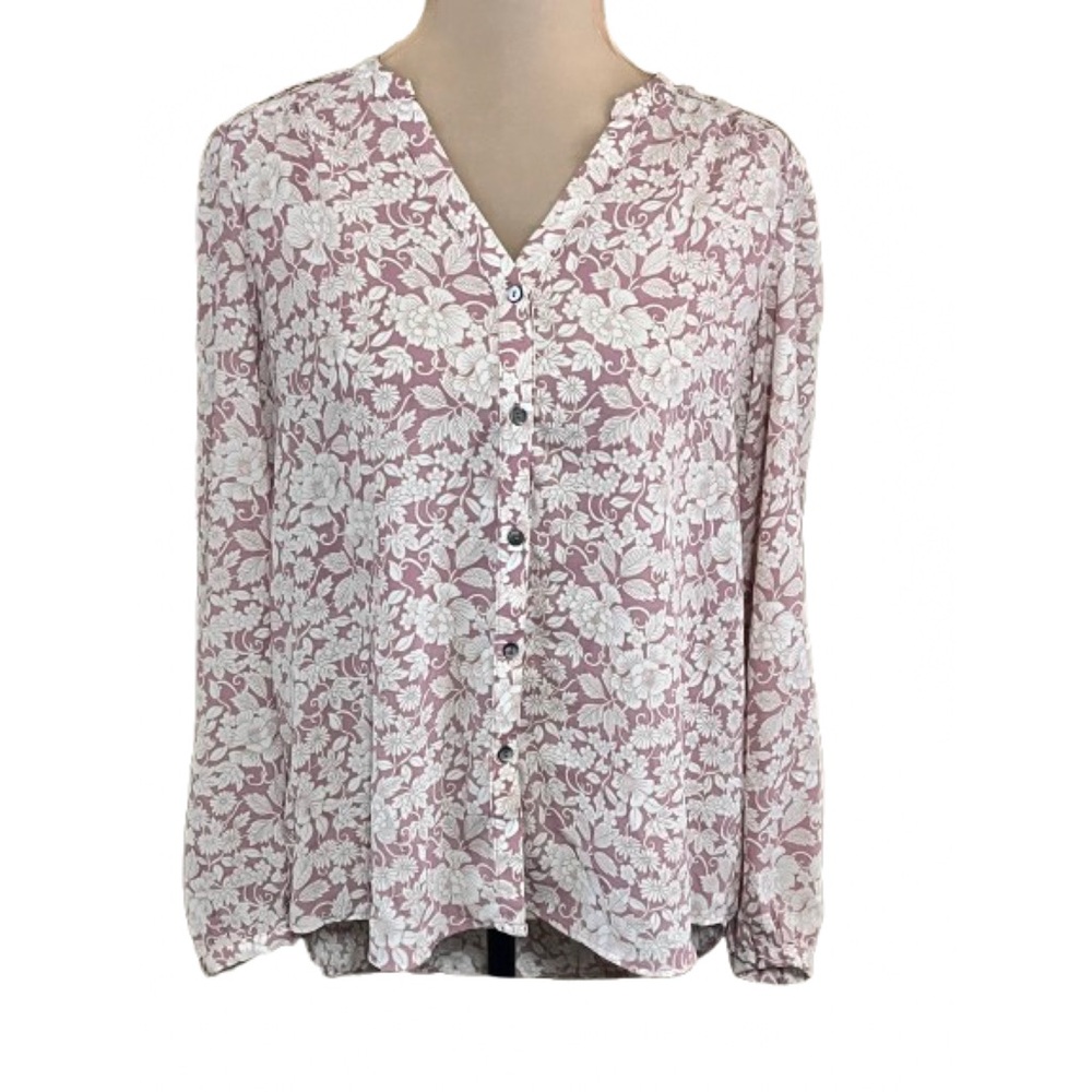 Lauren Conrad Medium Floral Button Up Blouse Pink White Feminine Lightweight